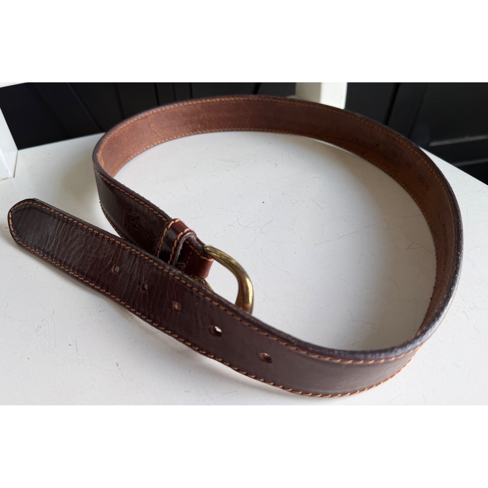 Nautica Mens Brown Italian Leather Belt Whipstitch Brass Buckle 32 Made in Italy